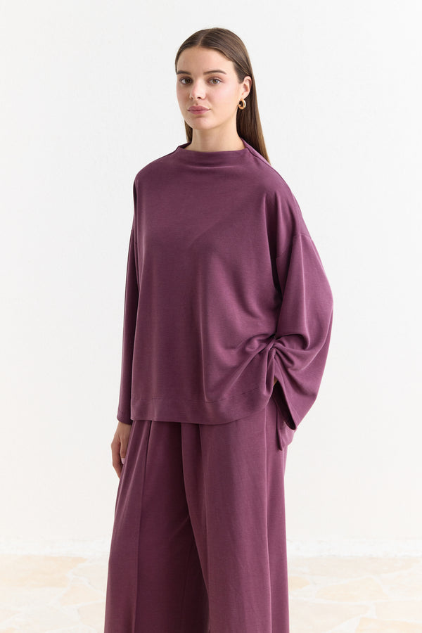 Biye Kuşaklı Basic Pantolonlu Takım - Mürdüm