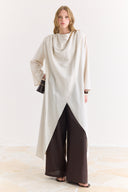 Omuz Vatkalı Çapraz Kapamalı Degajeli Elbise - Bej