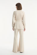Belted Detail Mock Neck Set with Comfortable Trousers - Beige