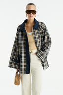 Collared Waxed-Look Plaid Jacket - Beige