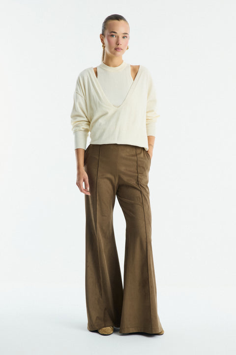 Flared Suede Trousers - Khaki