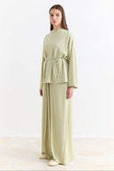 Two-Piece Set with Piping Detail and Belt - Sage Green