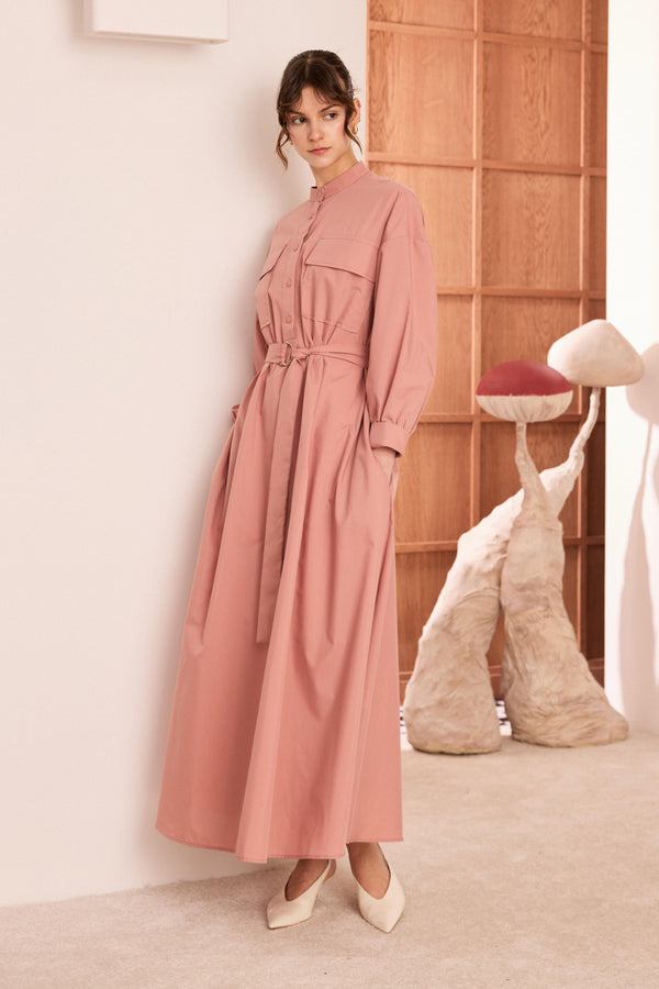 Cairo Cep Kapaklı Gold Dacron Elbise - Gül Kurusu