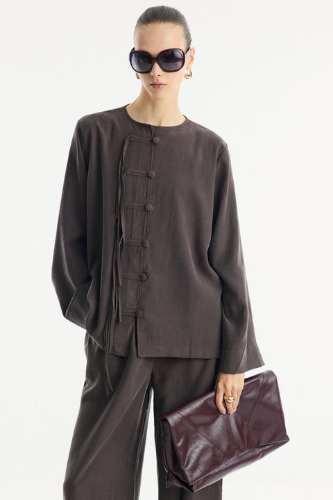 Button-Detail Trousers Set - Brown