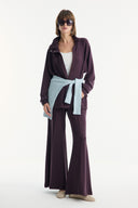 Belt-Detail Stand-Up Collar Set with Comfortable Trousers - Burgundy