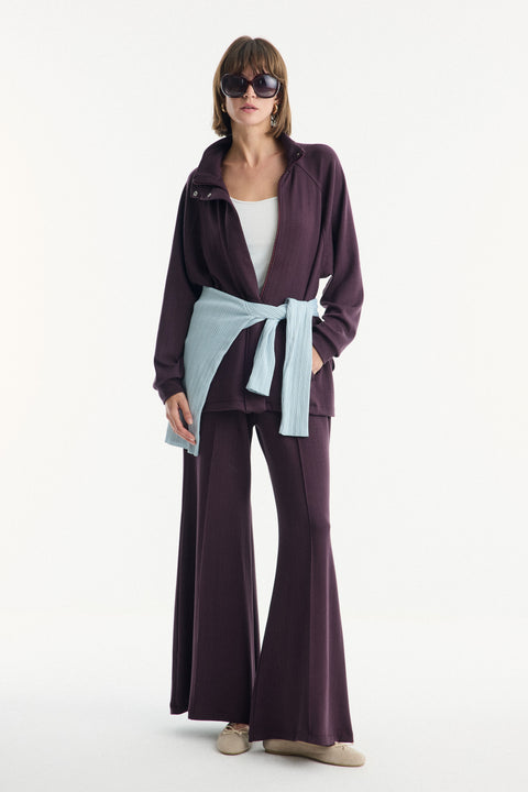 Belt-Detail Stand-Up Collar Set with Comfortable Trousers - Burgundy