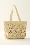 Straw Bag with Flower Knit Detail - Beige