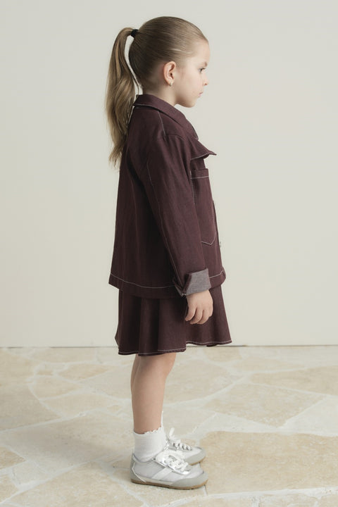 Double Pocket Flap Button-Down Denim Set - Burgundy