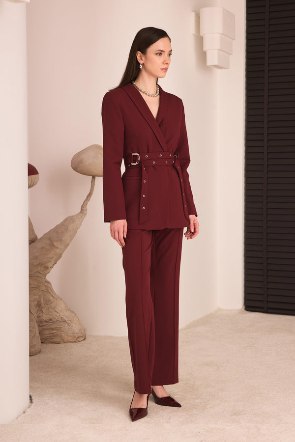 Çift Kemerli Blazer Takım - Bordo