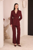 Çift Kemerli Blazer Takım - Bordo