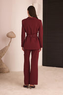 Çift Kemerli Blazer Takım - Bordo