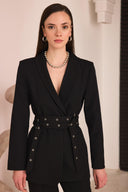 Çift Kemerli Blazer Takım - Siyah