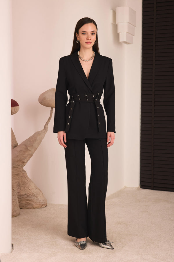 Çift Kemerli Blazer Takım - Siyah