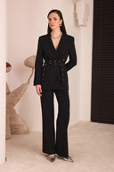Çift Kemerli Blazer Takım - Siyah