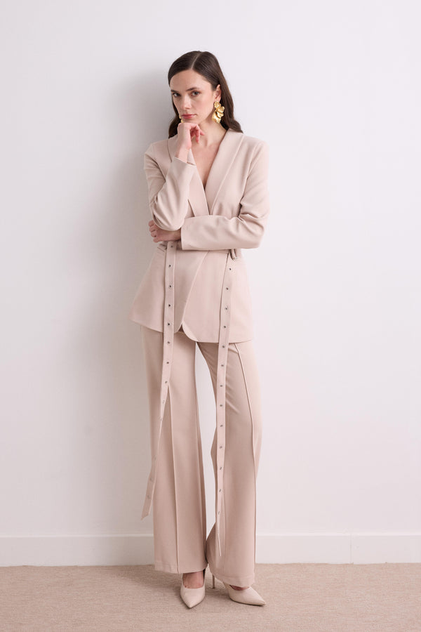 Çift Kemerli Blazer Takım - Taş