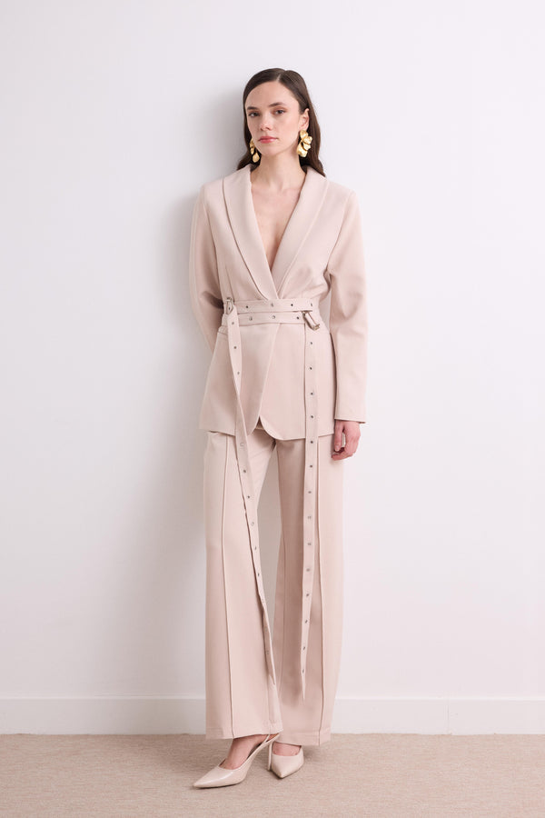 Çift Kemerli Blazer Takım - Taş