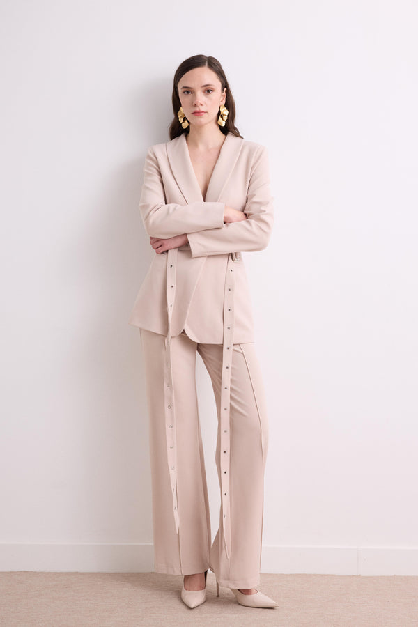 Çift Kemerli Blazer Takım - Taş