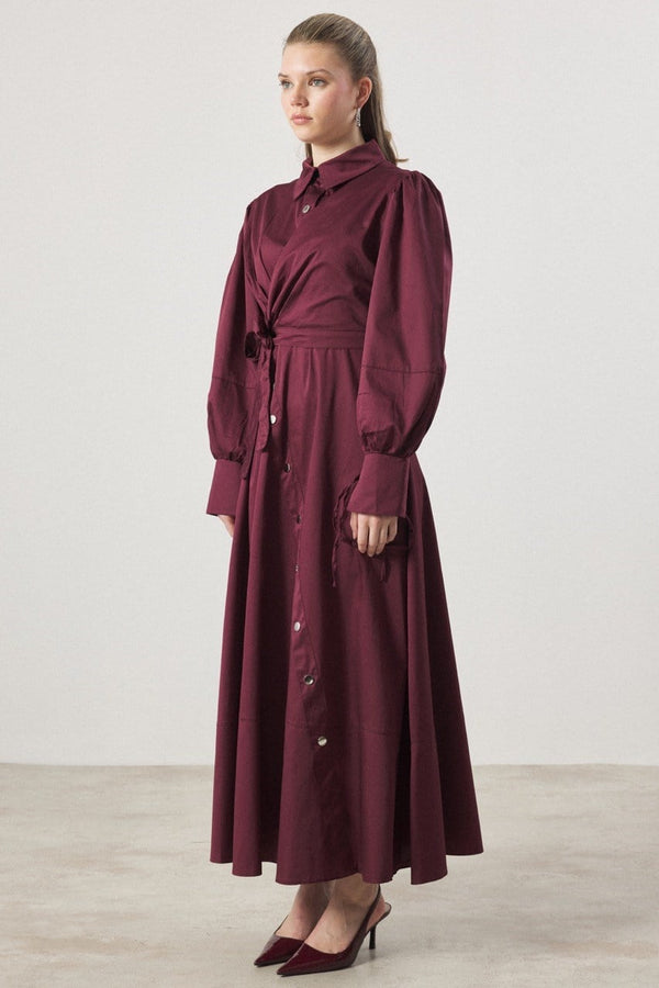 Çıtçıt Detaylı Compact Saten Elbise - Bordo