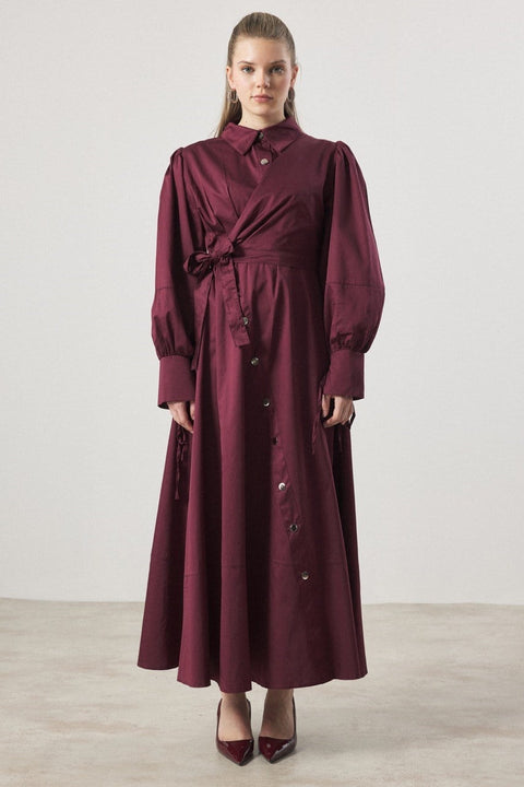 Çıtçıt Detaylı Compact Saten Elbise - Bordo