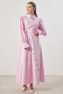 Çıtçıt Detaylı Compact Saten Elbise - Pembe