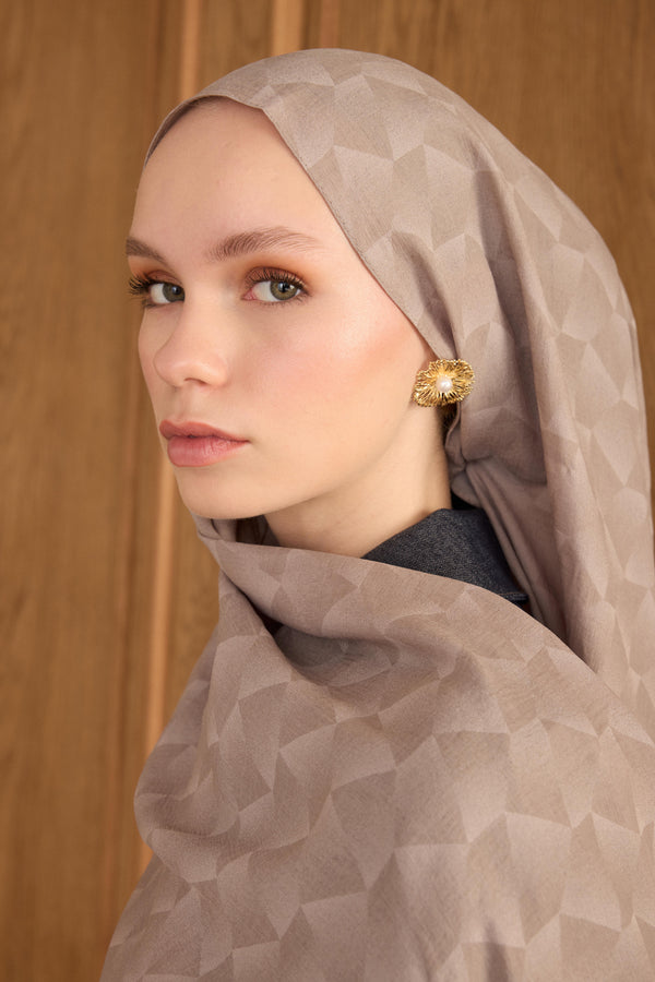 Cotton Monogram Geometrik Desen Şal - Açık Vizon