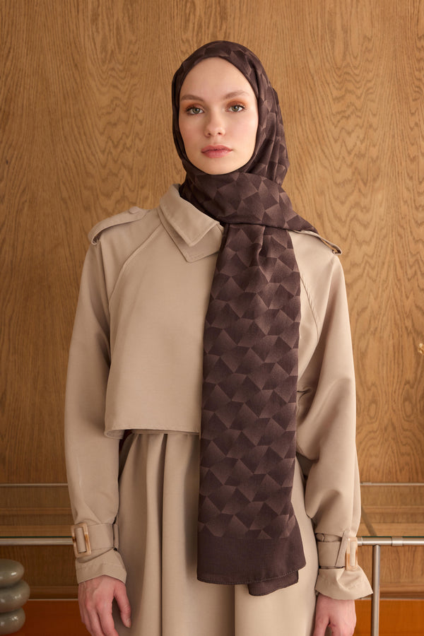 Cotton Monogram Geometrik Desen Şal - Acı Kahve
