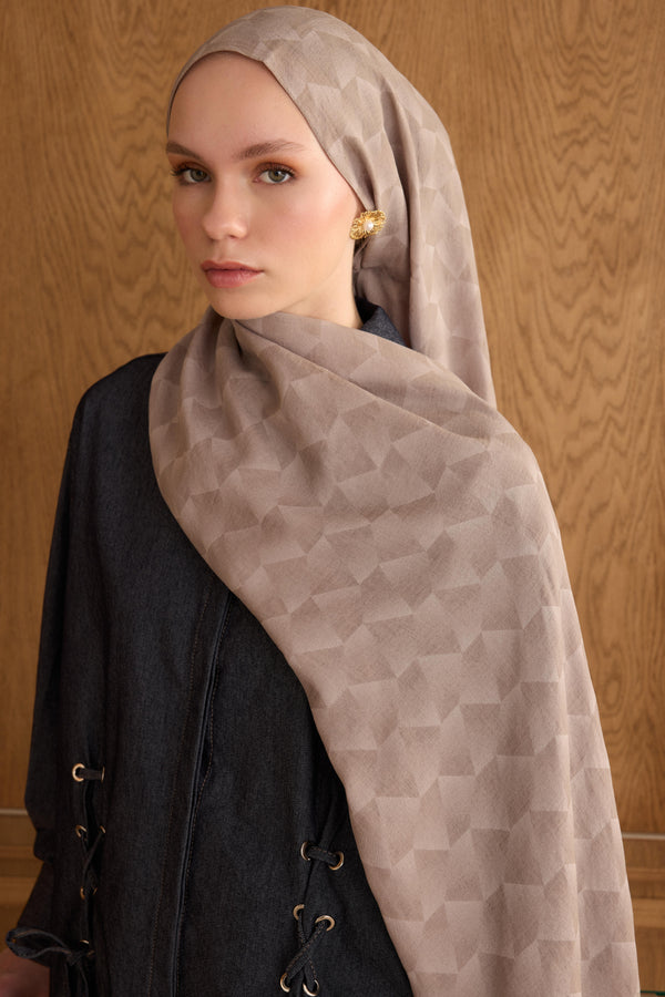 Cotton Monogram Geometrik Desen Şal - Açık Vizon