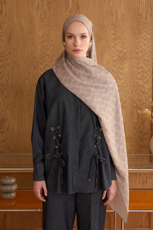 Cotton Monogram Geometrik Desen Şal - Açık Vizon