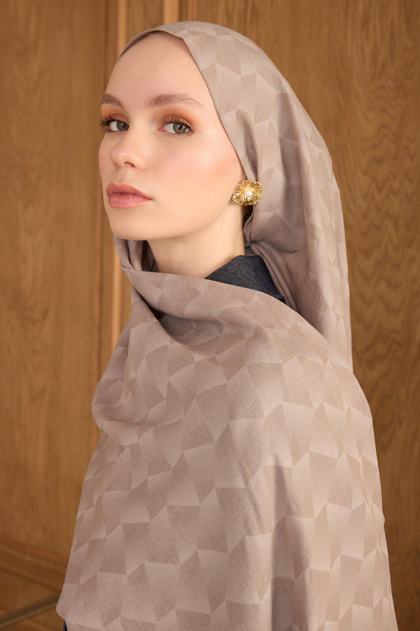 Cotton Monogram Geometrik Desen Şal - Açık Vizon