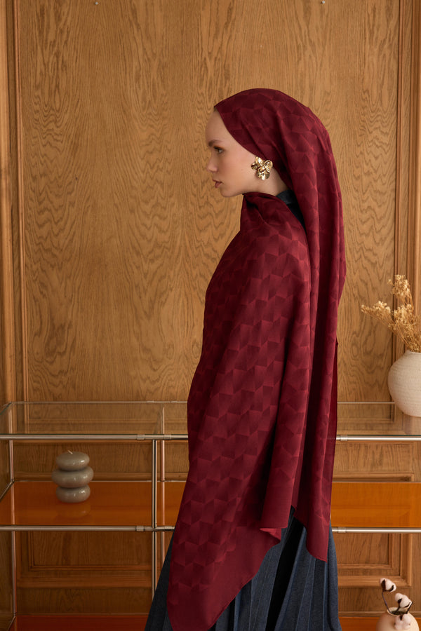 Cotton Monogram Geometrik Desen Şal - Bordo