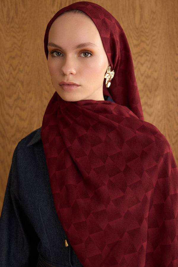 Cotton Monogram Geometrik Desen Şal - Bordo