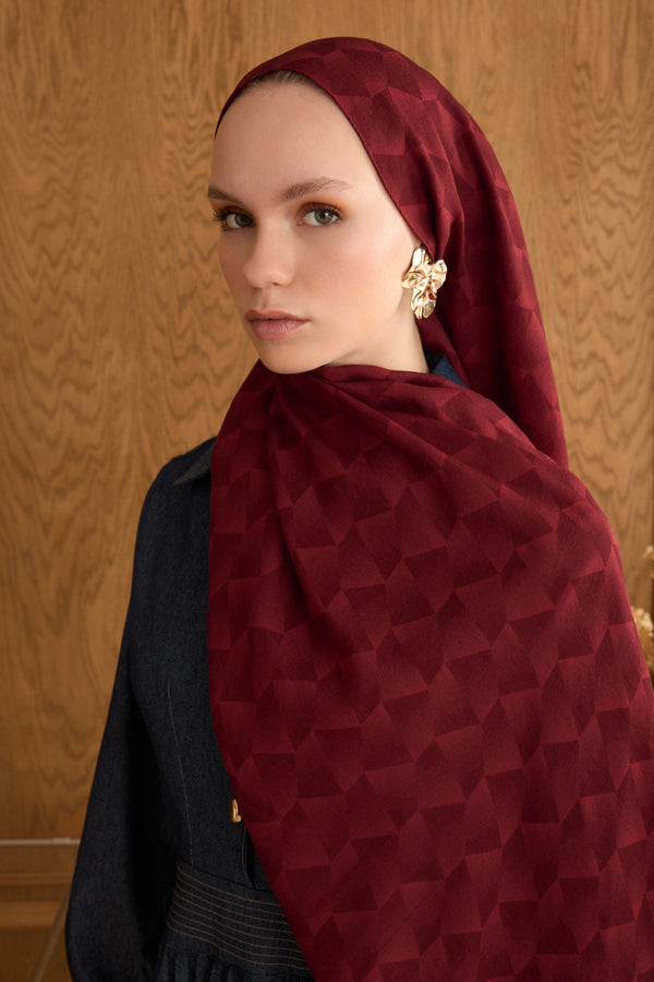 Cotton Monogram Geometrik Desen Şal - Bordo
