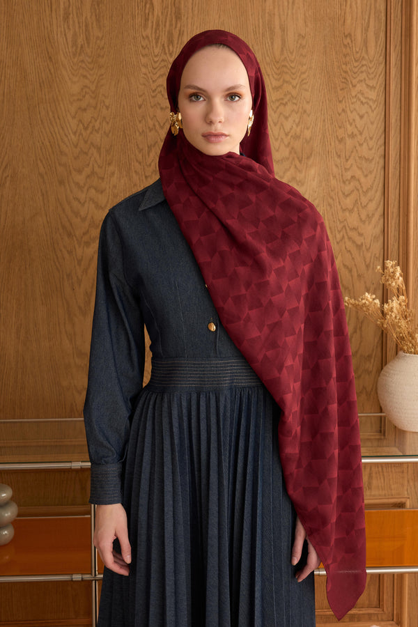 Cotton Monogram Geometrik Desen Şal - Bordo