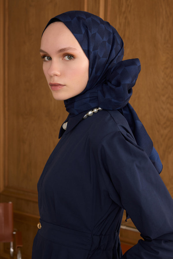 Cotton Monogram Geometrik Desen Şal - Lacivert