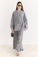 Notched Collar Striped Trouser Suit - Brown