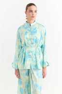 Sophia Satin Printed Yoryo Chiffon Pants Set - Blue
