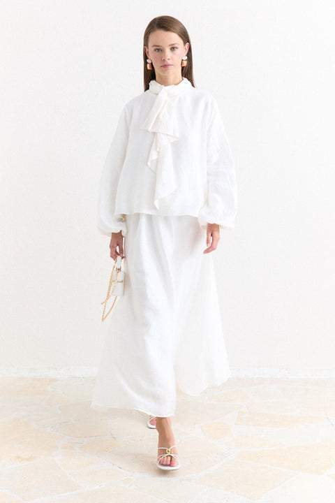 Collar Detail Skirt Set - Ecru