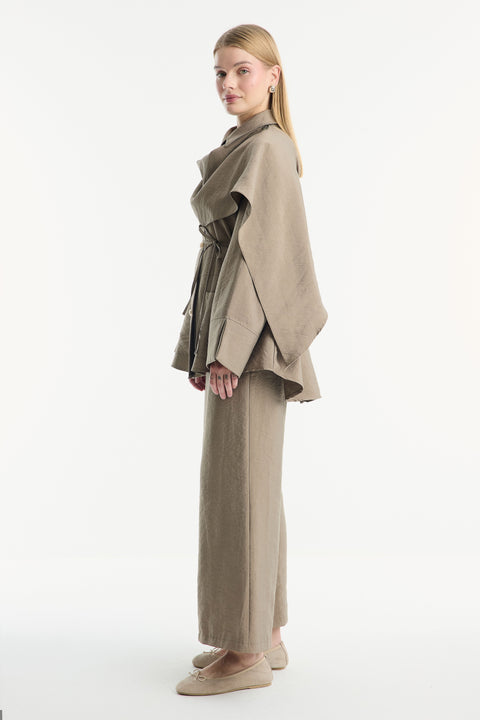 Shawl Collar Detail Cupro Trouser Set - earth