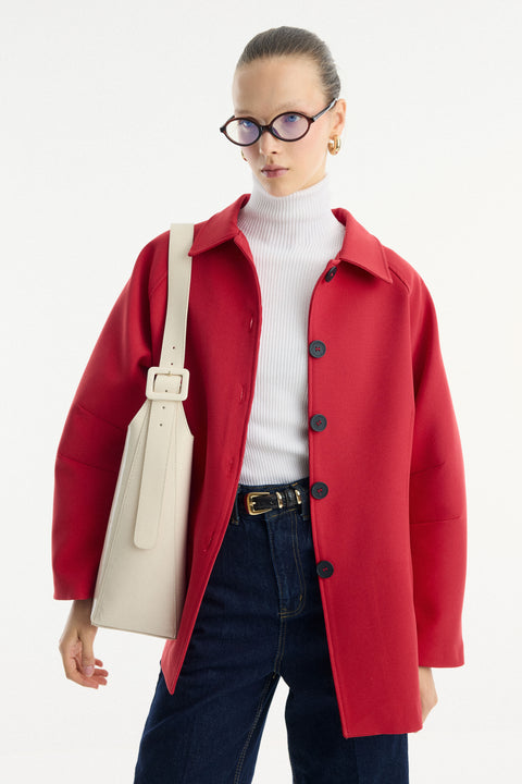 Button Detail Belted Jacket - Red