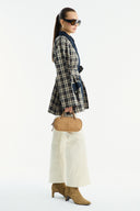 Collared Waxed-Look Plaid Jacket - Beige