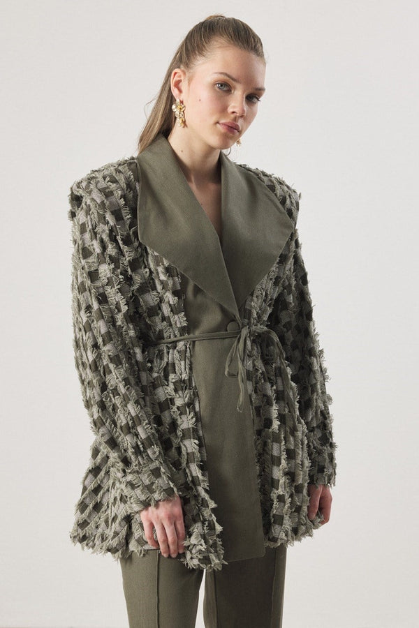 Dama Desen Fringed Kot Takım - Haki
