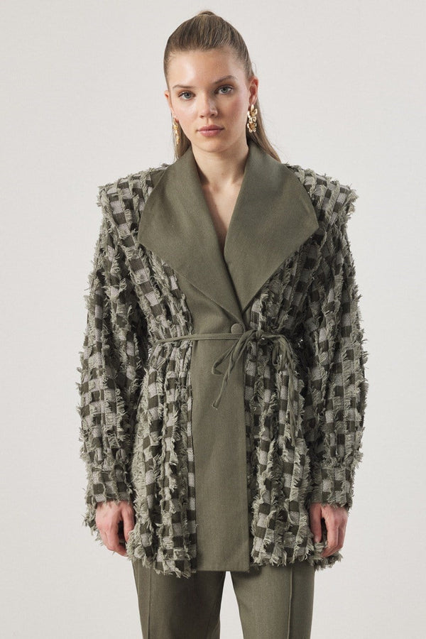 Dama Desen Fringed Kot Takım - Haki