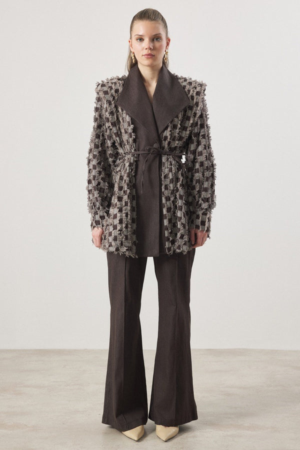 Dama Desen Fringed Kot Takım - Kahve