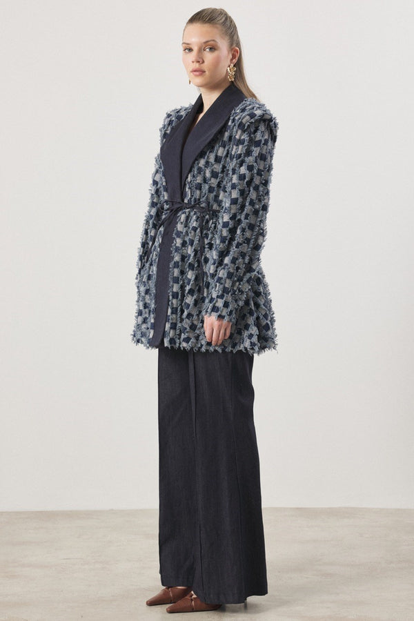 Dama Desen Fringed Kot Takım - Lacivert