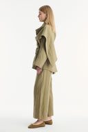 Shawl Collar Detailed Cupro Pants Set - Khaki