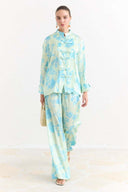 Sophia Satin Printed Yoryo Chiffon Pants Set - Blue