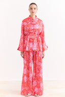 Sophia Satin Printed Yoryo Chiffon Pants Set - Red