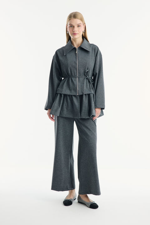 Ruffle-Look Zippered Trousers Set - Anthracite