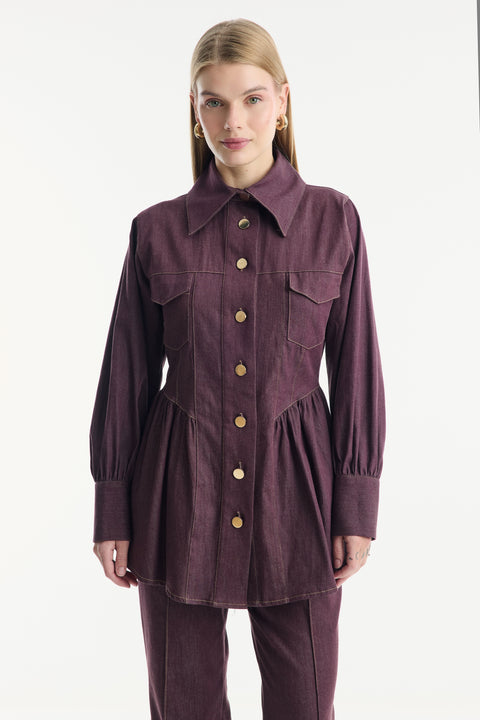 Gold Button Detailed Denim Set - Burgundy
