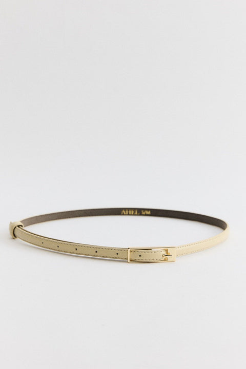 Slim Leather Belt with Rectangular Buckle - Butter Yellow